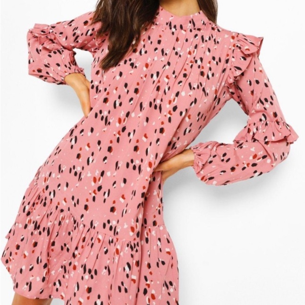 Printed funnel neck smock dress